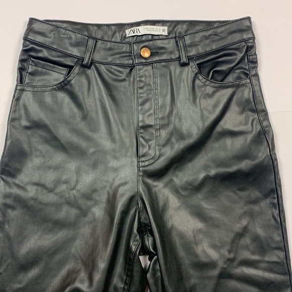 Zara Faux Leather Black Flare Trousers High Waist Pants Slits by Hem Size 4 - Picture 4 of 9